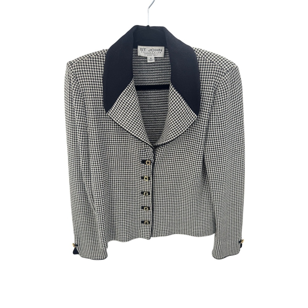 St. John Collection Blazer Houndstooth Knit Black&White Gold Hardware 8 Vintage - Picture 2 of 11